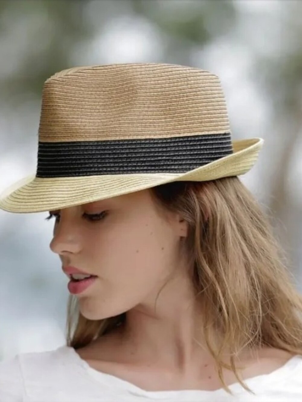 WALLAROO Trilby Two-Tone Paper Braid Fedora Hat Black Band Adjustable UPF50